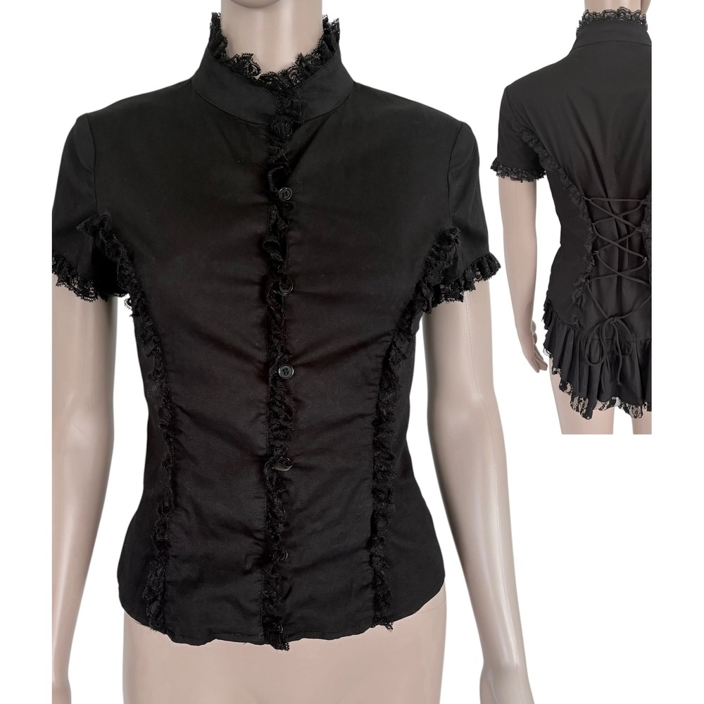 Spin Doctor Black Gothic Lace Ruffle Corset Back Blouse Top Y2K VictorianS